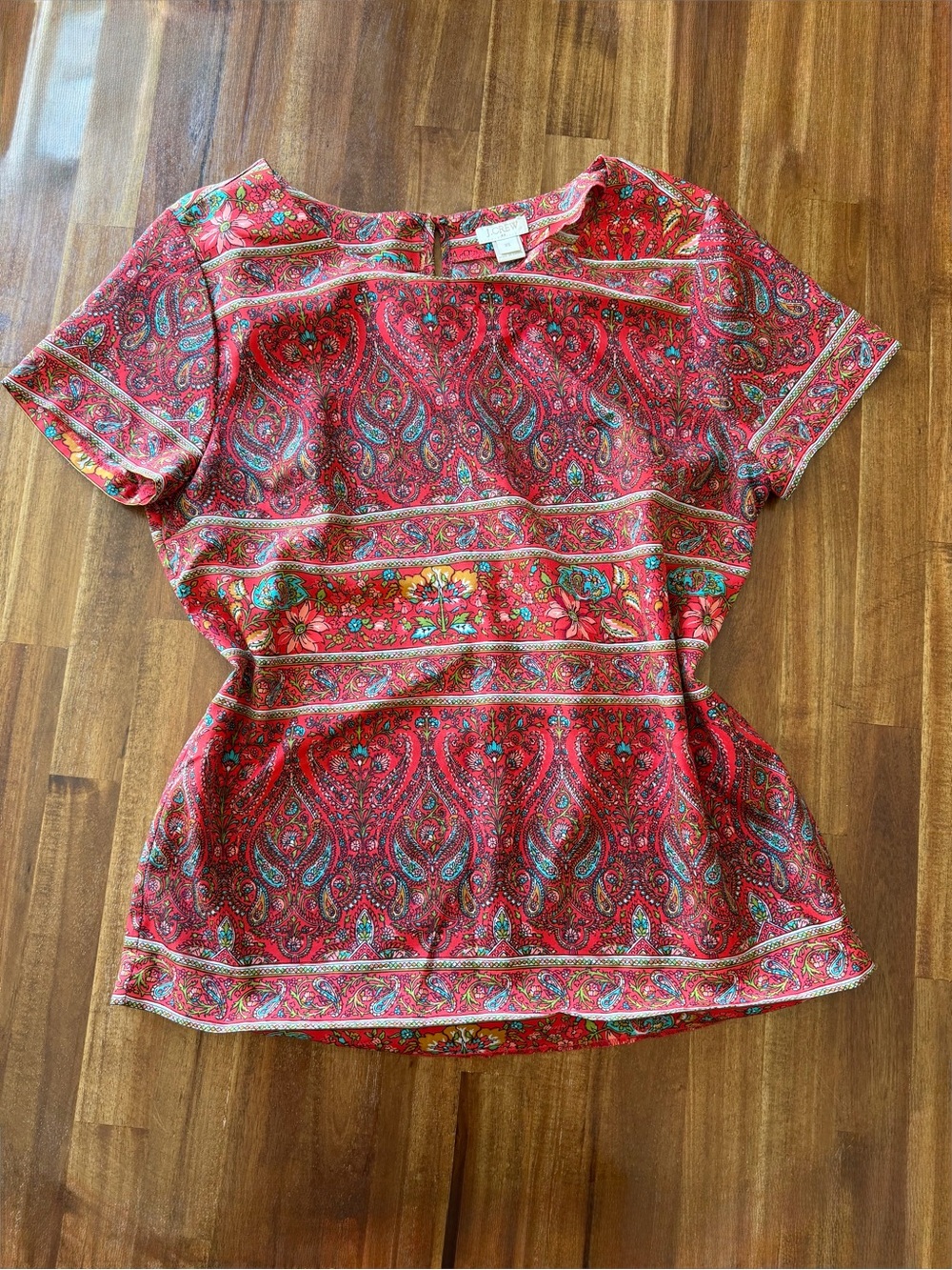 J. Crew Red Paisley Floral Print Blouse Size XS Short Sleeve Keyhole Back